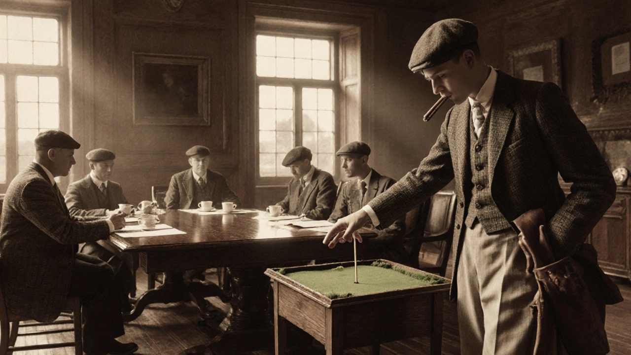 1920s British golf club meeting with gentlemen discussing the &quot;four&quot; call.