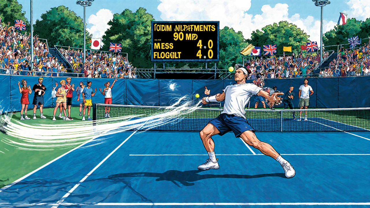 A tournament scene with a player serving a fast first serve during a regional event.