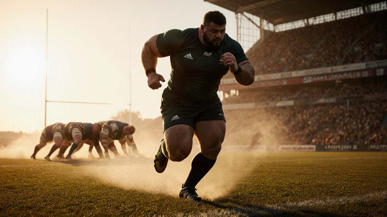 Agile, muscular prop sprinting with a rugby ball, showcasing strength and speed.