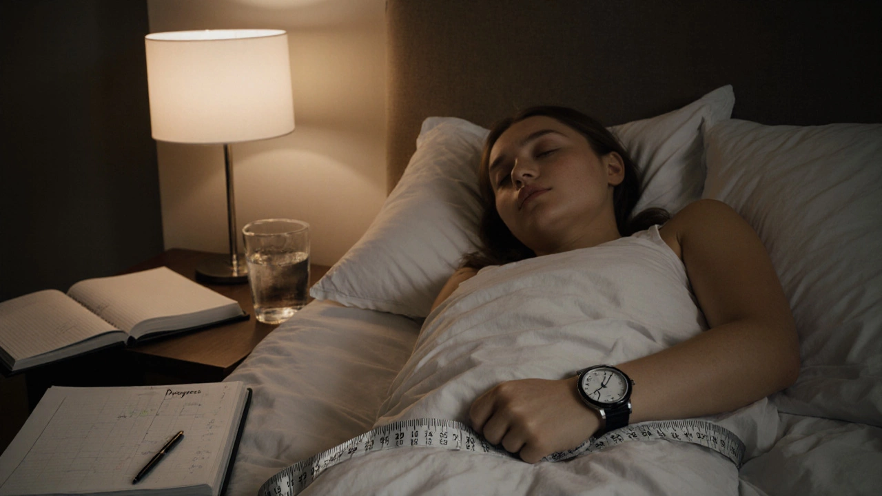Bedroom scene with sleeping person, water glass, notebook, and waist measuring tape.