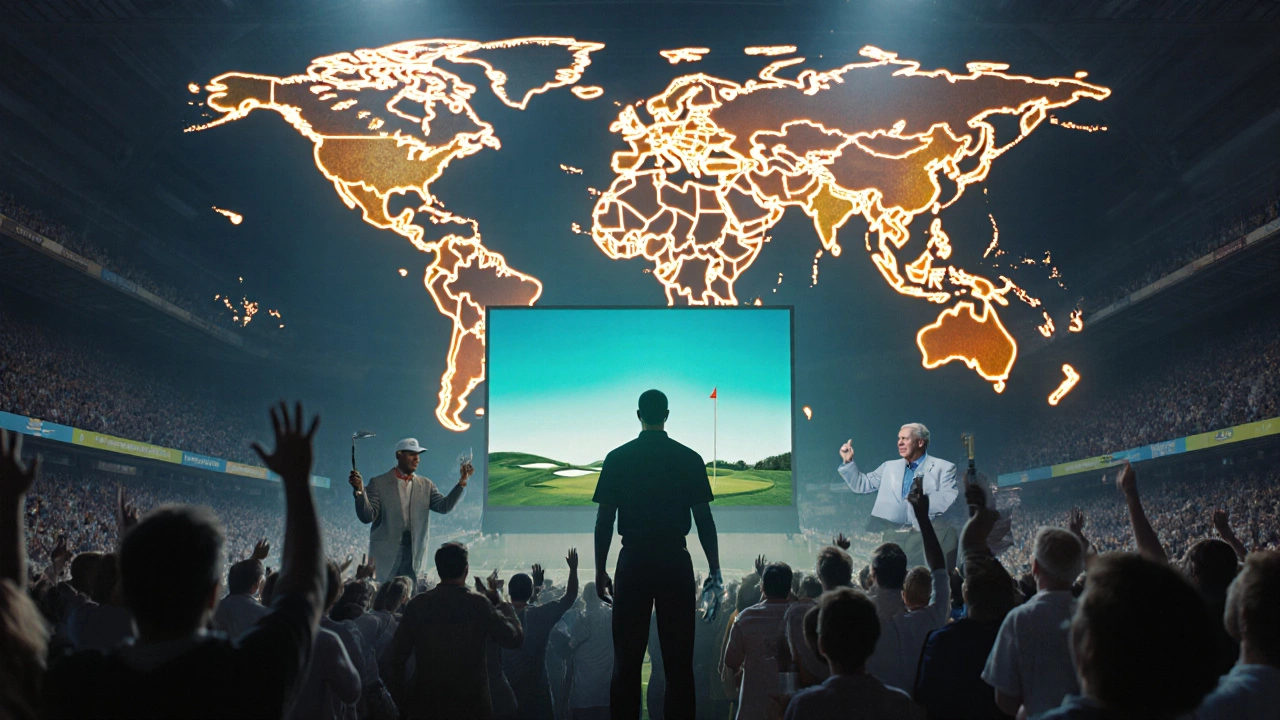 Cinematic view of Tiger Woods, Arnold Palmer, and Jack Nicklaus symbolizing global influence.