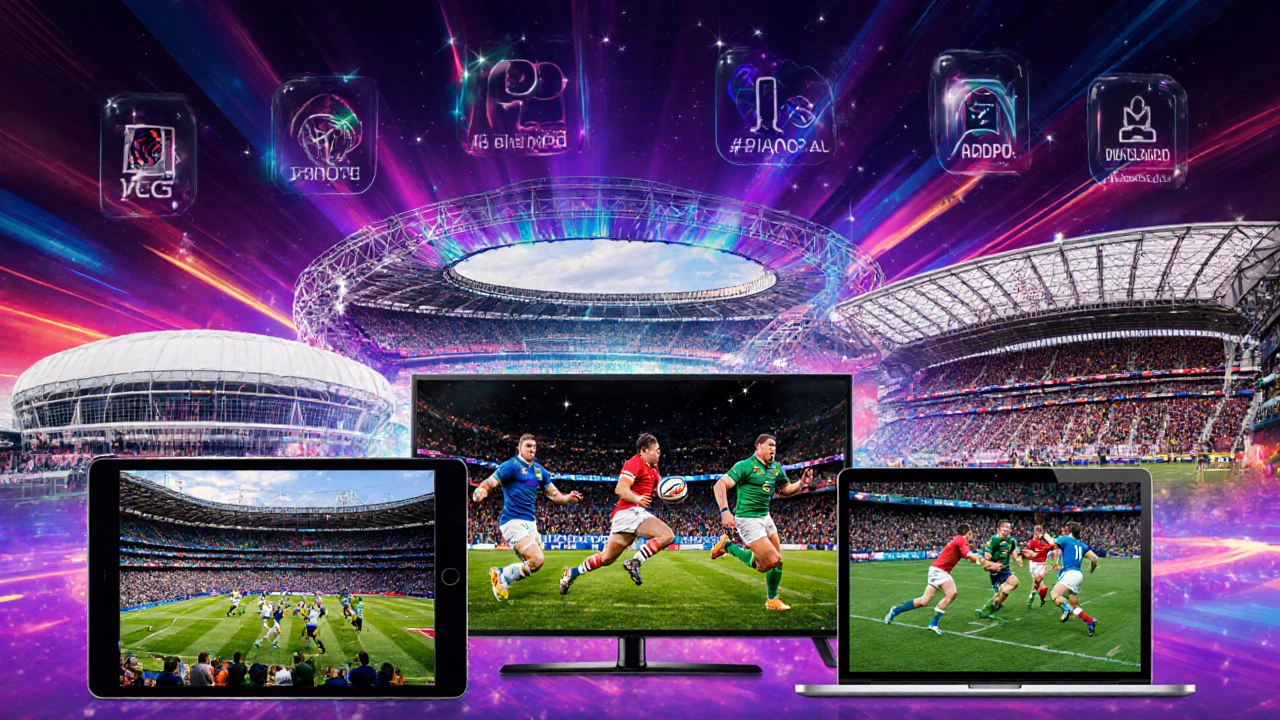 Collage of world rugby stadiums and multiple devices streaming a high‑resolution match.