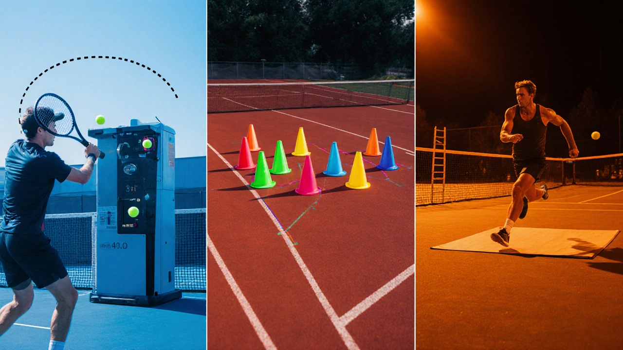 Collage showing forehand drill, serve placement cones, and fitness exercises for improvement.