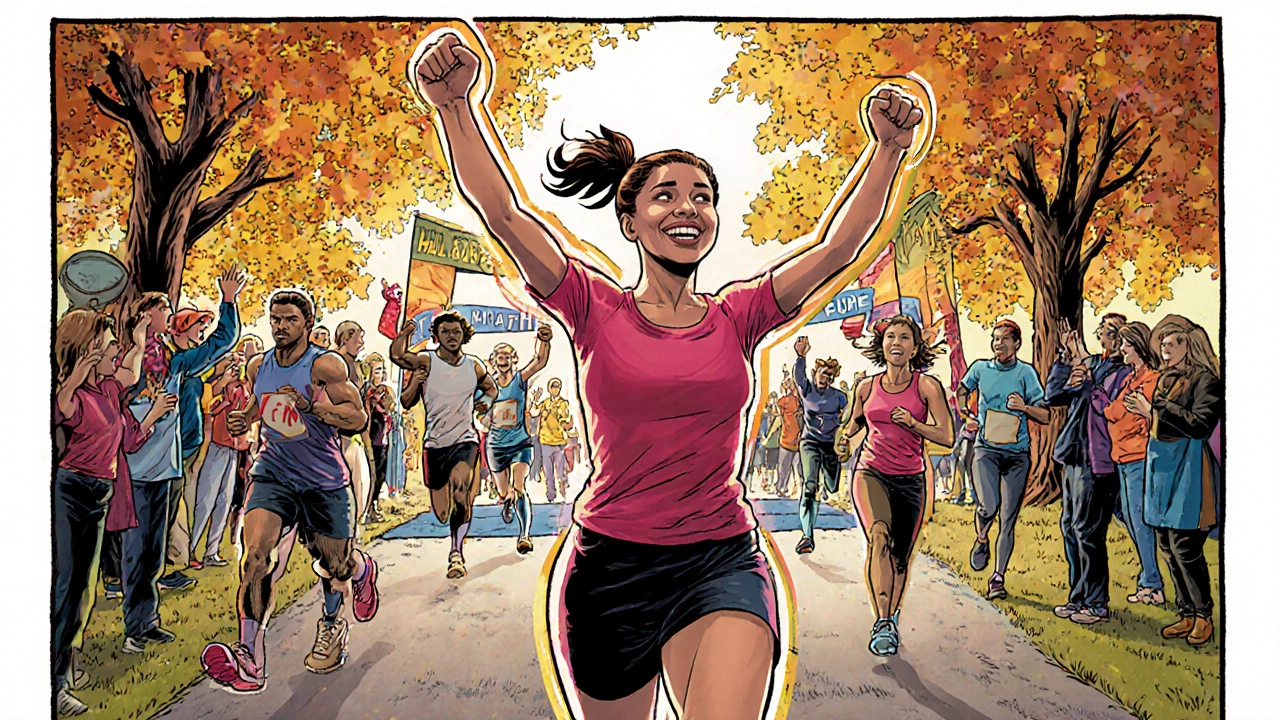 Comic‑style runners celebrating crossing a park finish line.