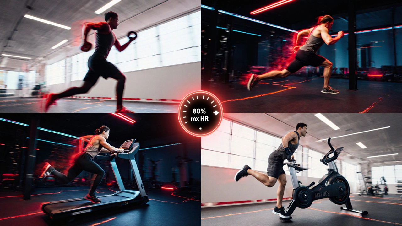 High‑intensity circuit showing kettlebell swings, treadmill sprint, rowing, and burpees with heart‑rate monitor.