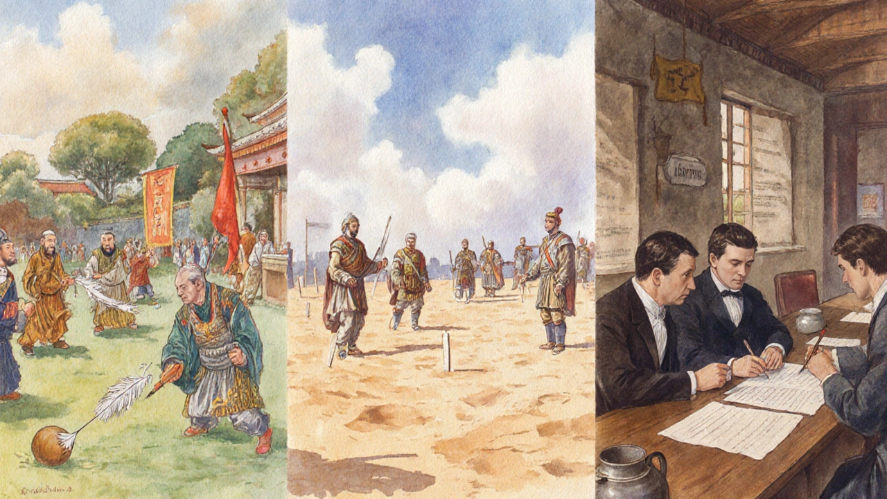 Historical depiction of ancient ball games and early football meeting.