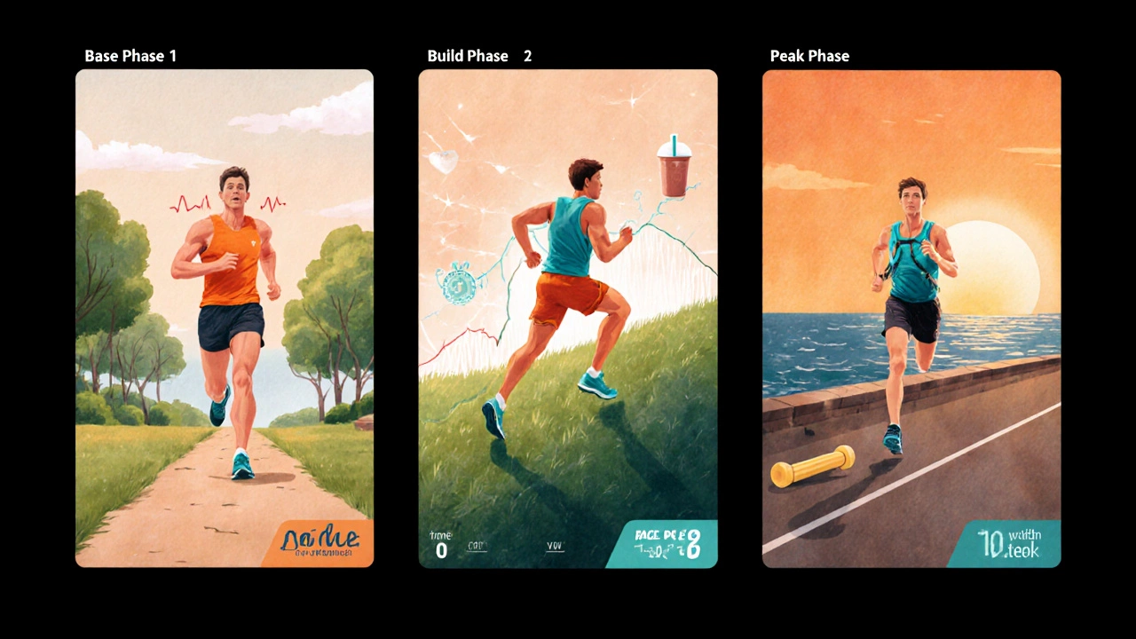 Illustration showing three training phases: easy run, hill repeats, long race‑pace run.