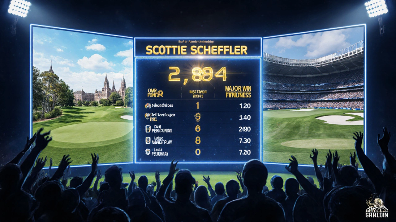 Leaderboard graphic highlighting Scheffler&#039;s top ranking and points among major tournament icons.