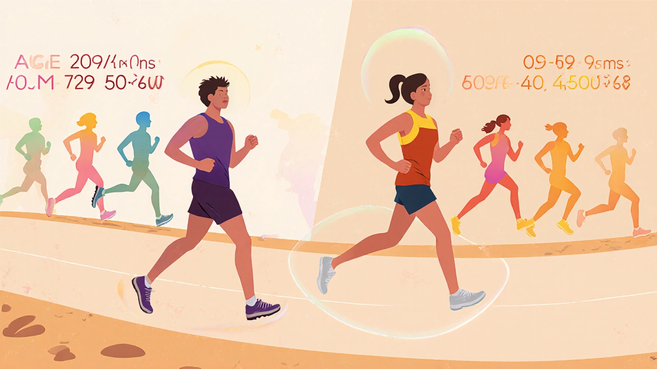 Male and female runners on a marathon route showing different paces, with age-group silhouettes.