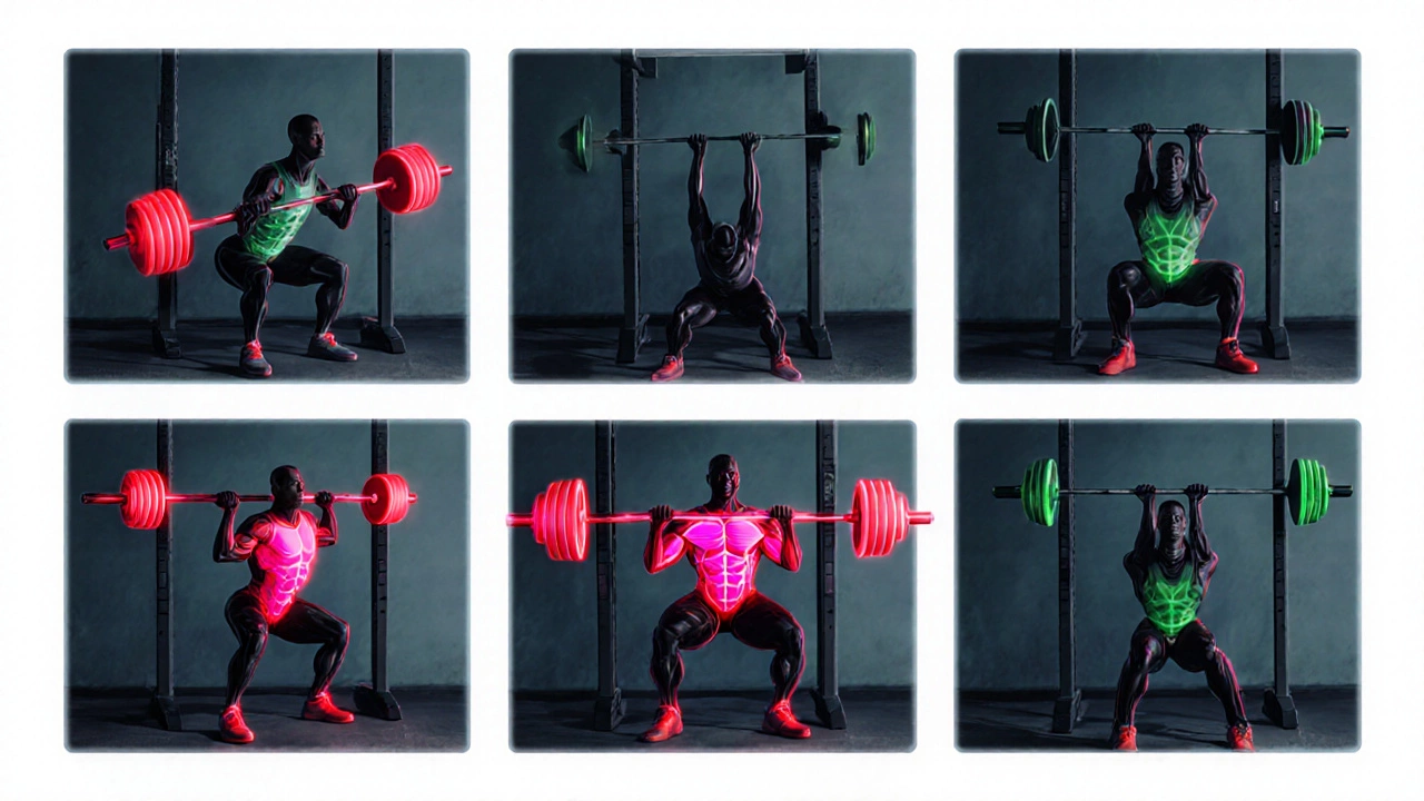 Montage of six exercises, each highlighting its primary muscle with neon overlay.