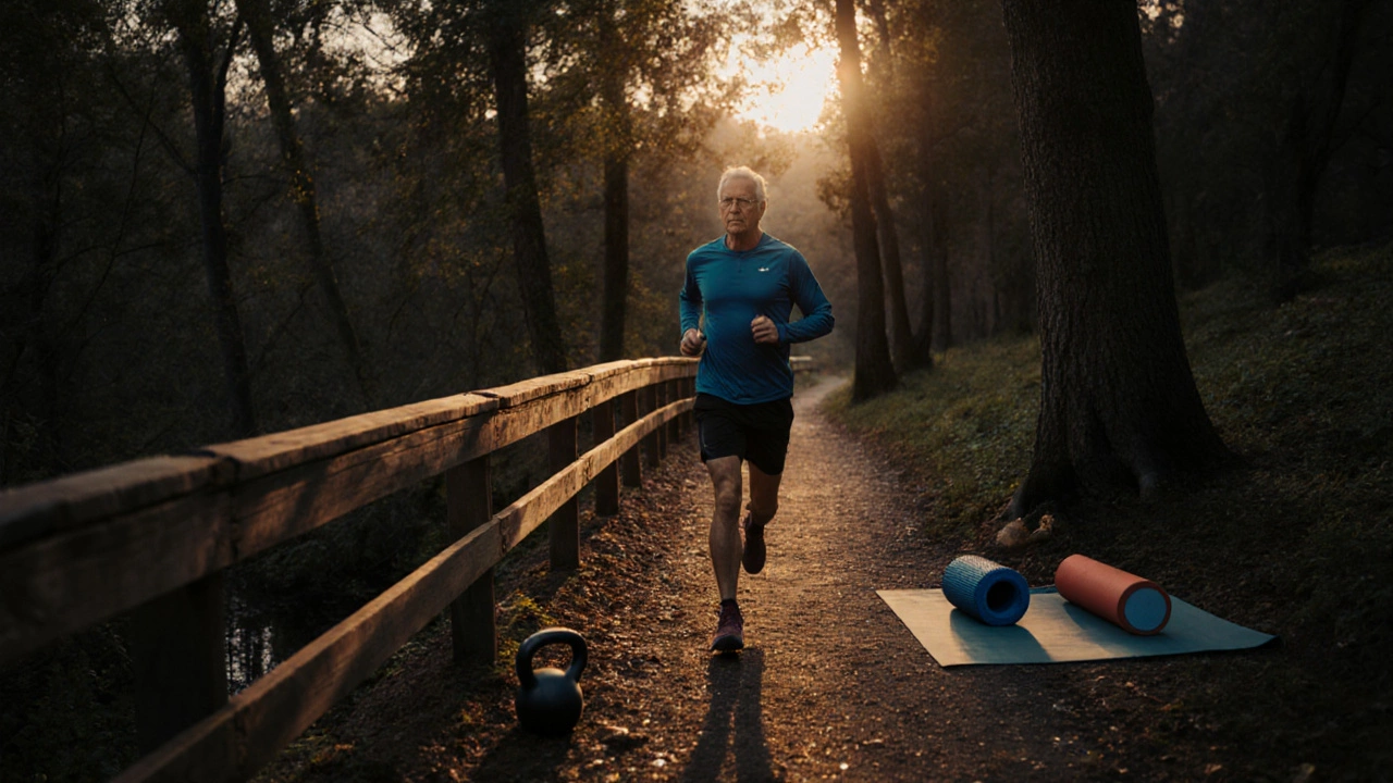 Older runner training on a forest trail with strength and recovery tools at dusk.