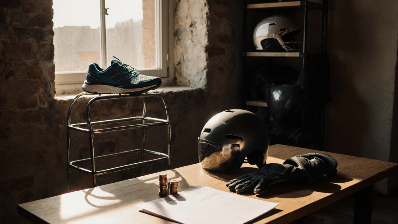Organized sports gear setup with shoes, helmet, pads, and hint of saved money.