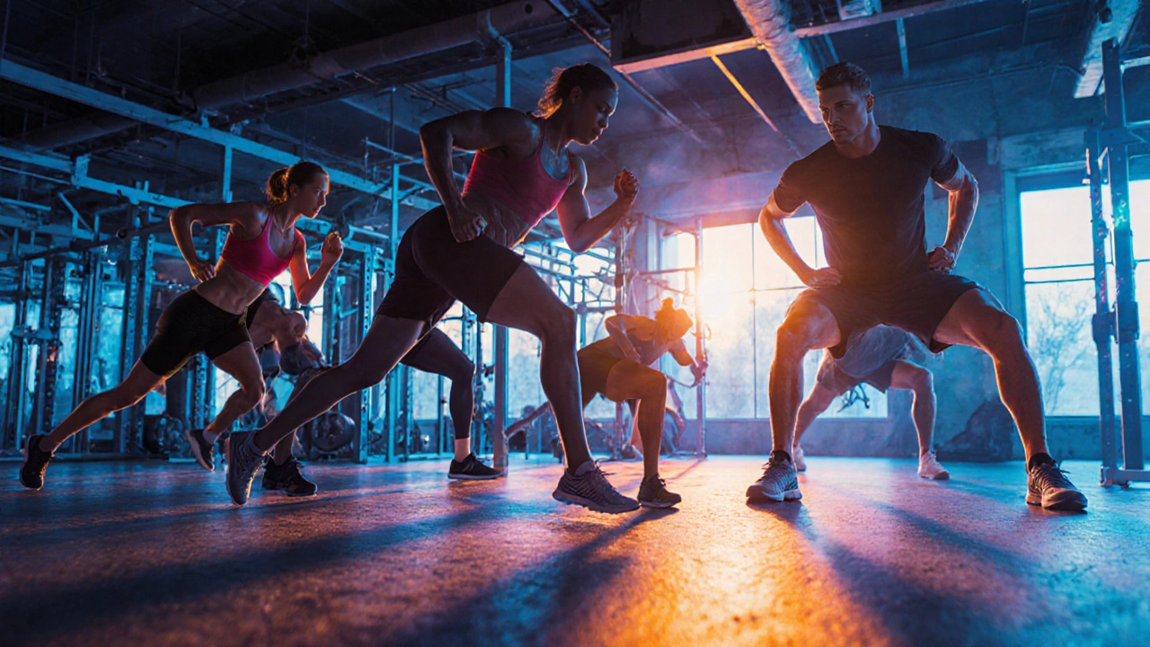 People performing HIIT exercises—burpees, jump squats, mountain climbers, high knees—in a gym.