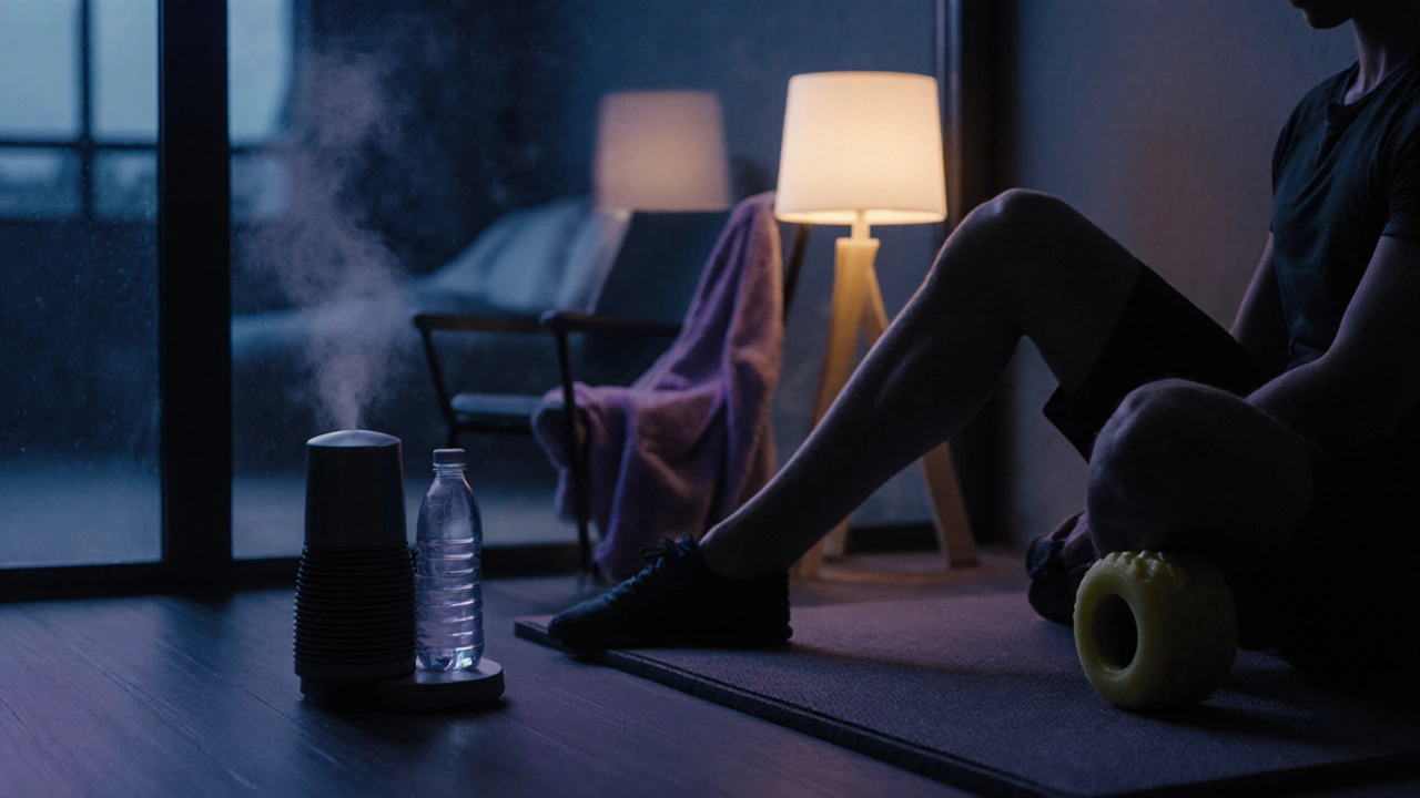 Post‑workout recovery scene with foam rolling, water bottle, and soothing ambient lighting.