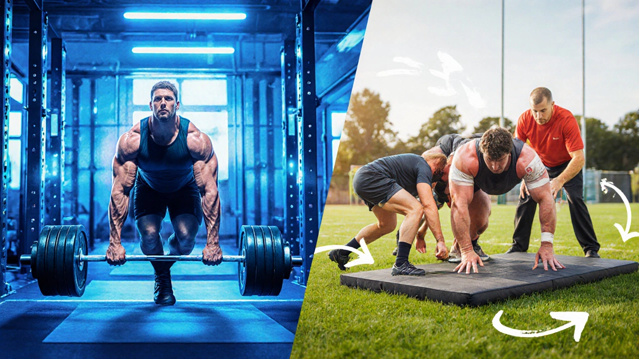 Prop training session with weightlifting, neck exercises, and scrummaging drills.