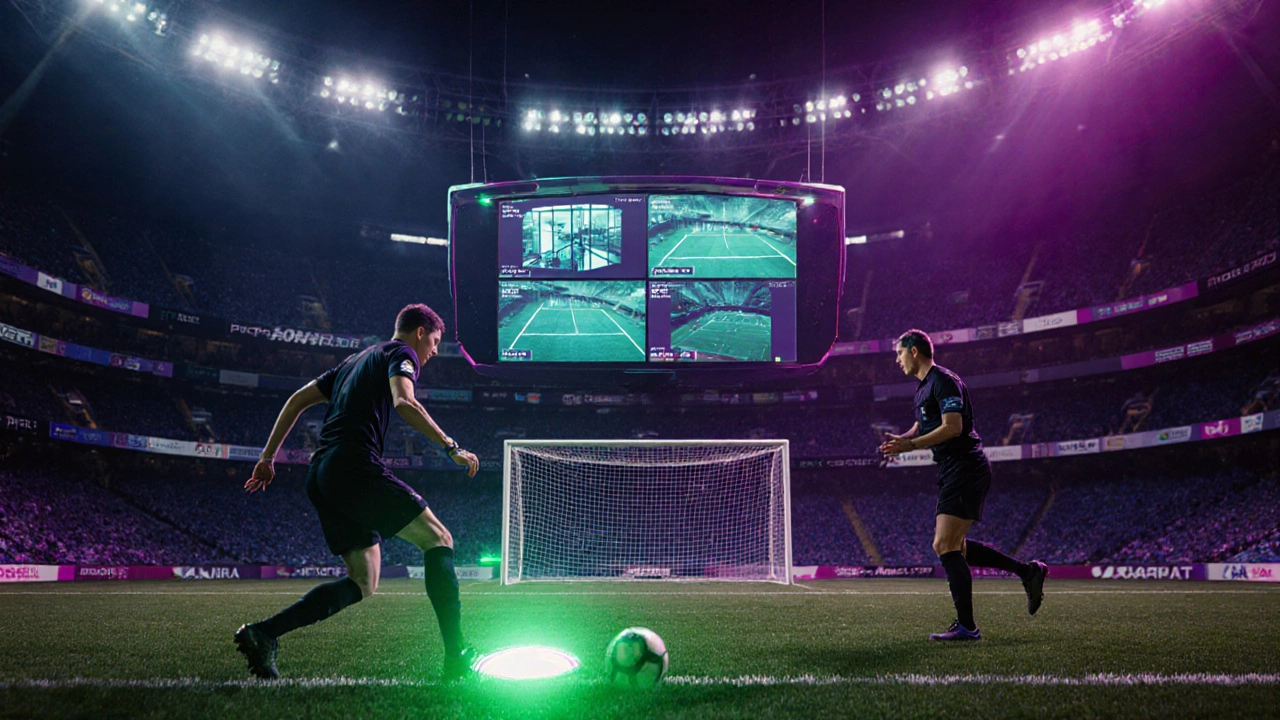 Referee reviewing a VAR screen during a close goal attempt.