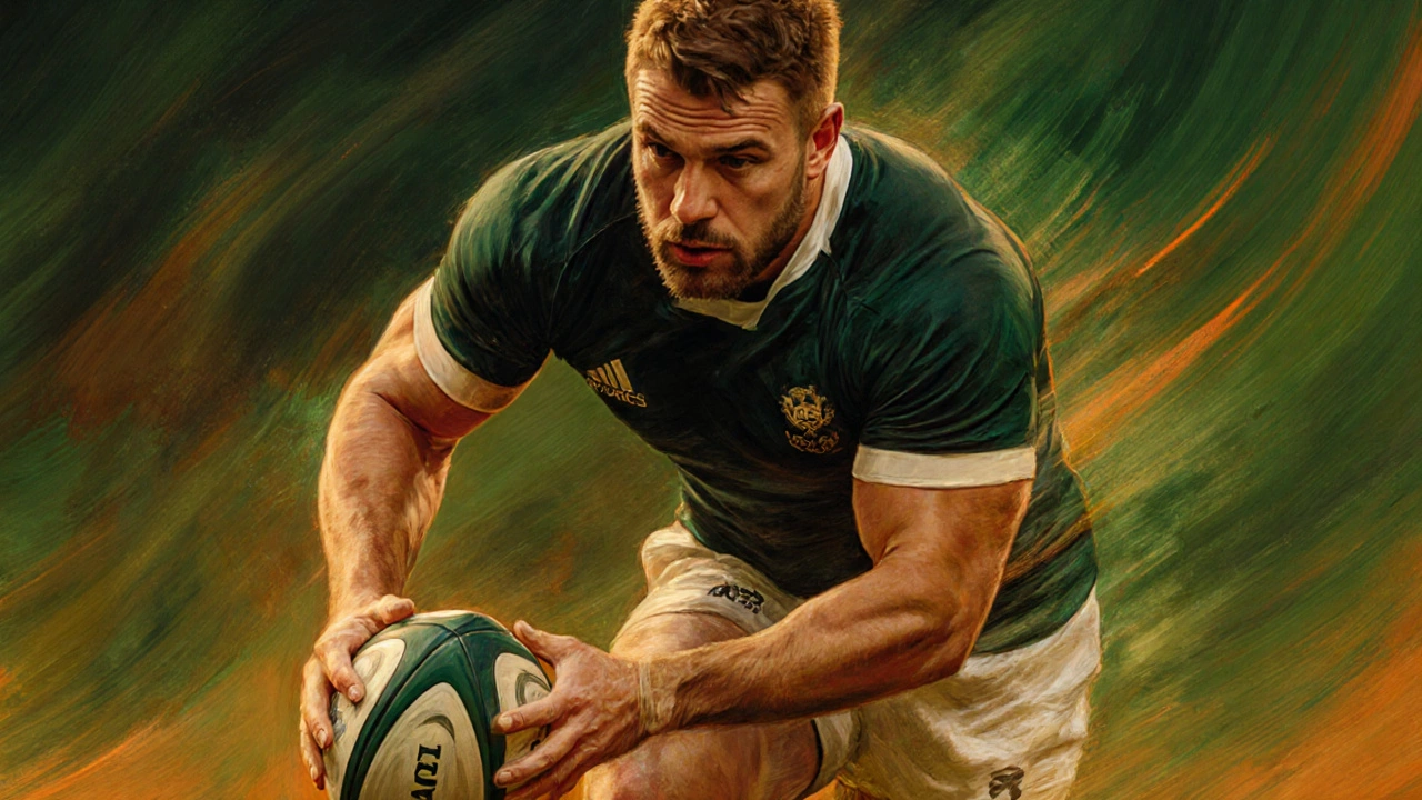 Renowned jackaler in low stance, gripping the ball, with a fierce expression.