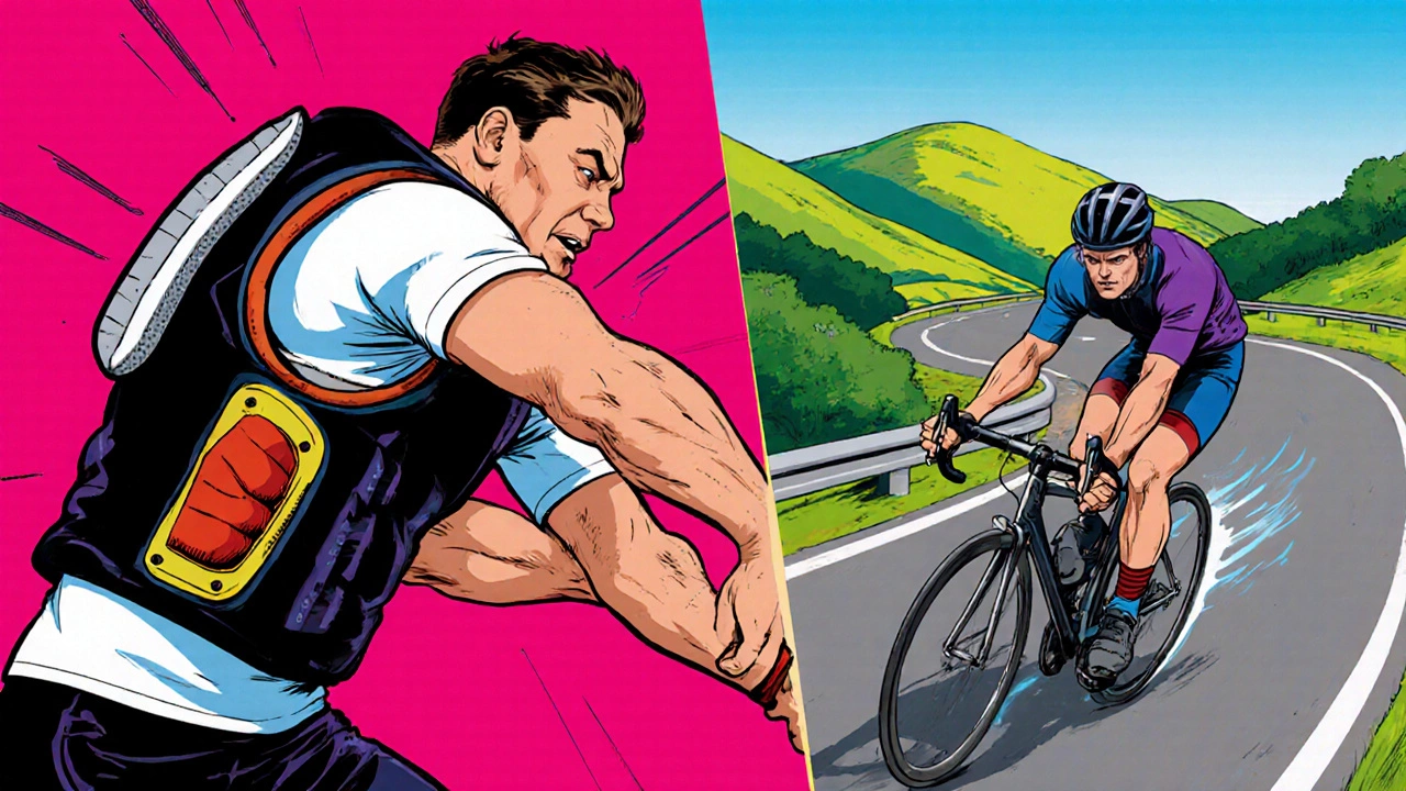 Rugby player with shoulder vest and cyclist with helmet shown side by side for protection.