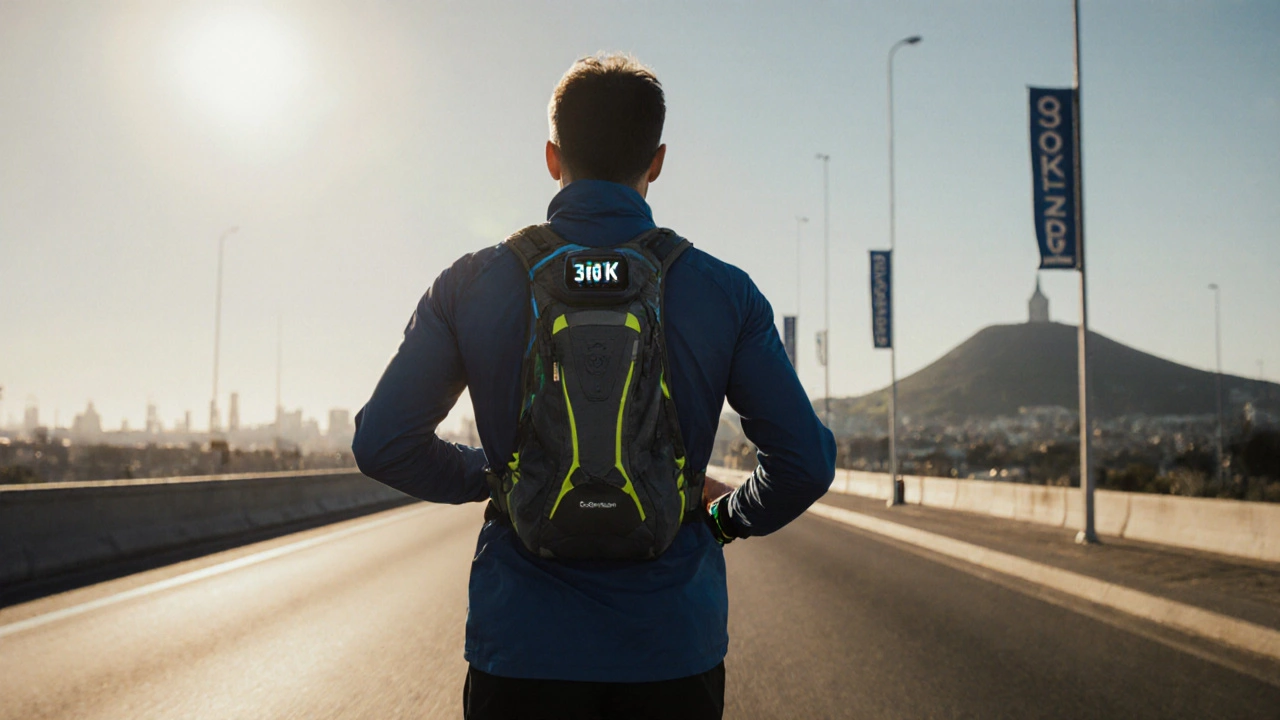Runner near 30 km on flat city course under ideal weather, wearing hydration pack and smartwatch.