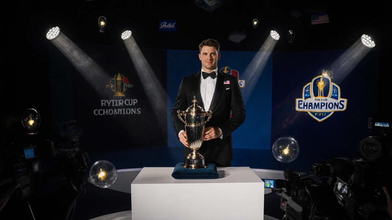 Scheffler on a podium with trophies, flashes, and sponsor banners under dramatic lighting.