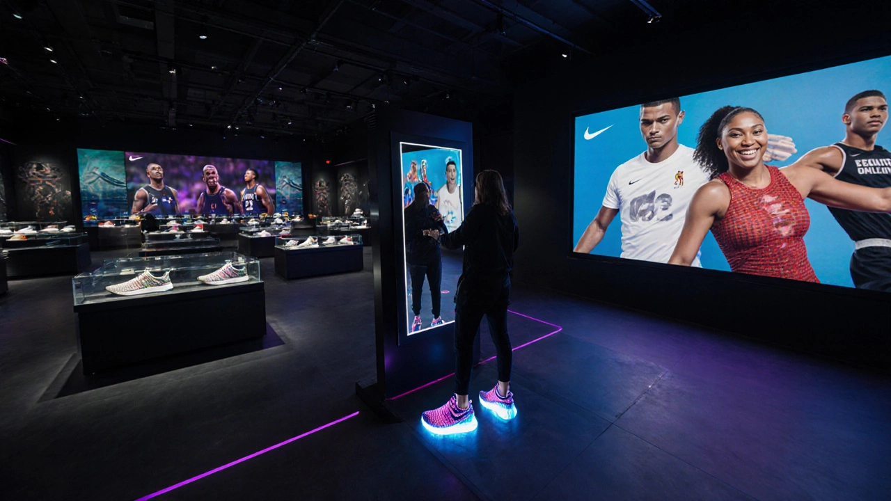 Shopper using AR mirror in a futuristic Nike flagship store with athlete videos.
