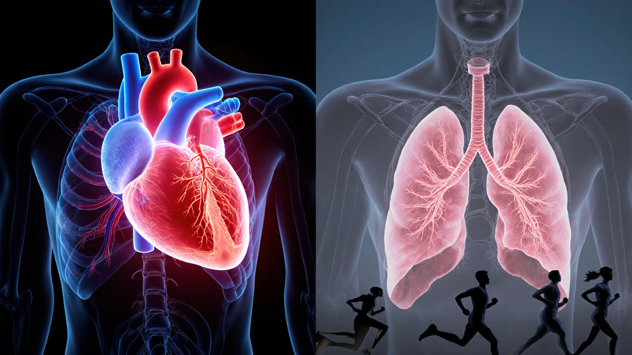 Split view showing youthful vibrant organs versus older subdued organs with runner silhouettes.