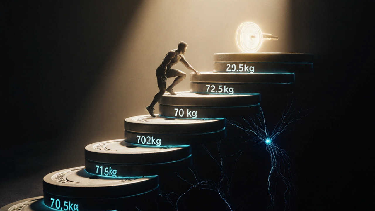 Staircase of weight plates leading upward to a glowing barbell, symbolizing strength progression.