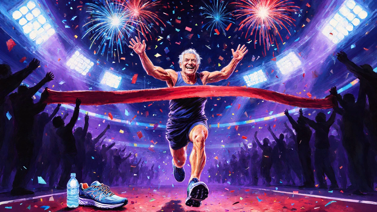 Triumphant 30‑year‑old crossing the marathon finish line amid confetti.