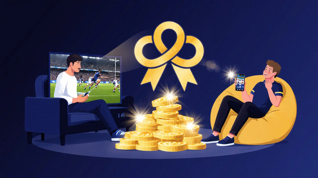 Two friends sharing RugbyPass on couch and phone, with visual cues of savings.