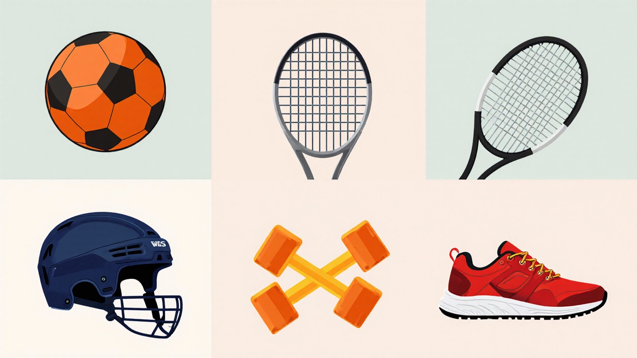 Vector illustration showing five sports equipment categories: ball, racket, helmet, shoes, and dumbbells.