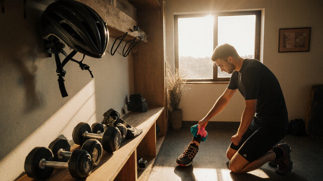 Warm indoor scene of a home gym where a helmet hangs, shoes are being cleaned, and dumbbells sit on a shelf.