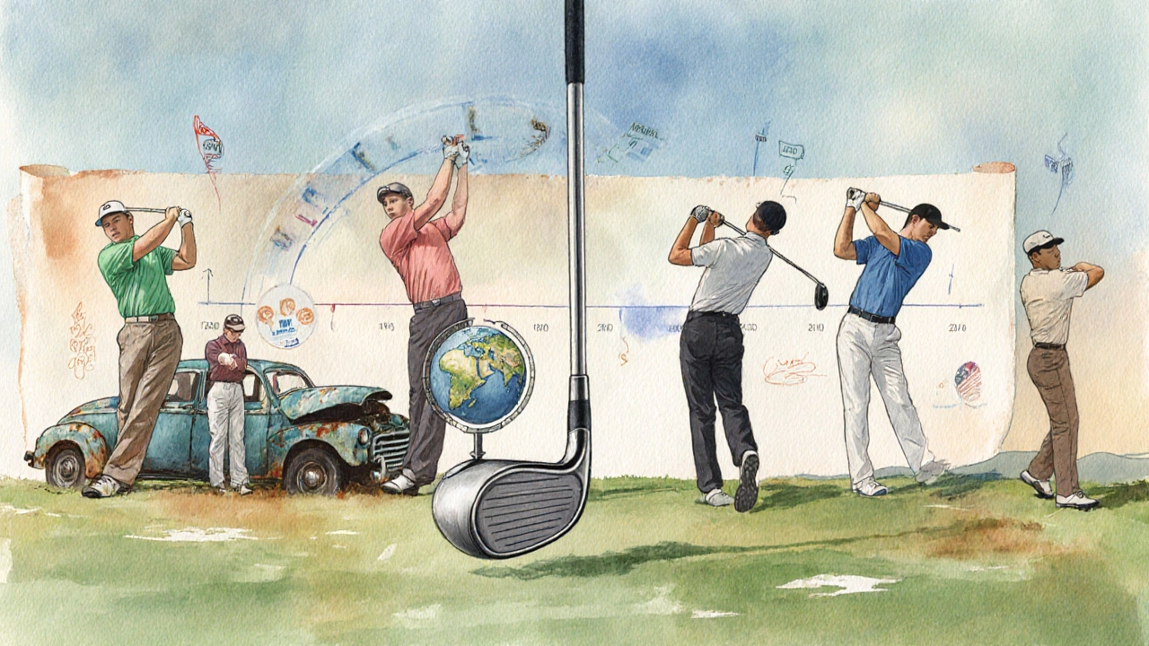 Watercolor portrait of golf legends along a timeline, each posed with signature moments.