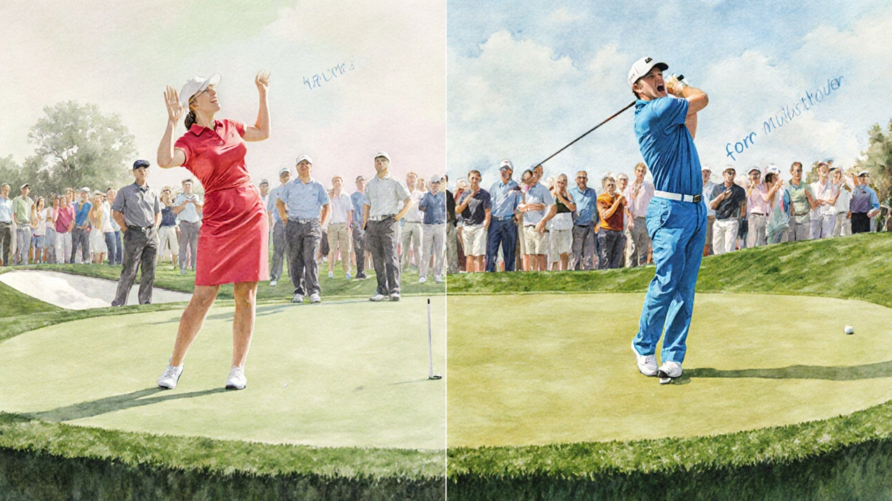 Watercolor split scene showing a quiet &quot;four&quot; call versus a loud &quot;fore&quot; call on a tournament green.