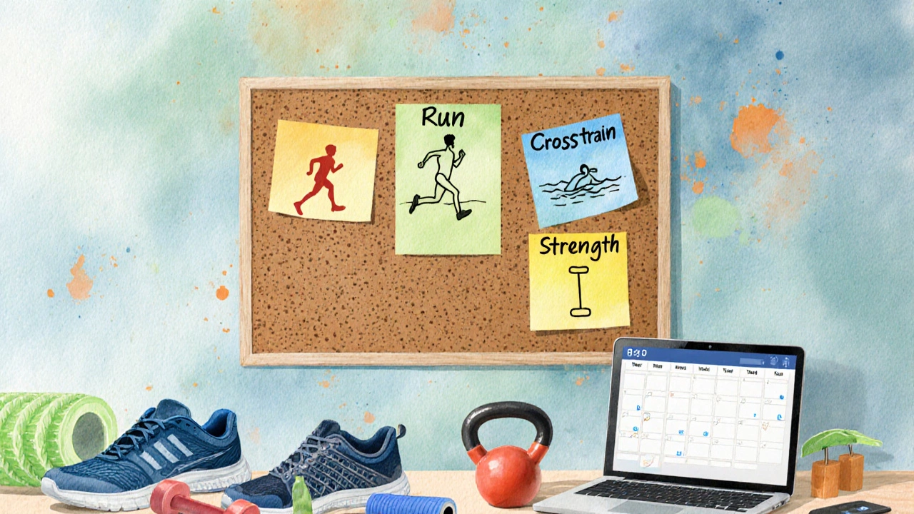Watercolor training schedule on a cork board with shoes and foam roller.
