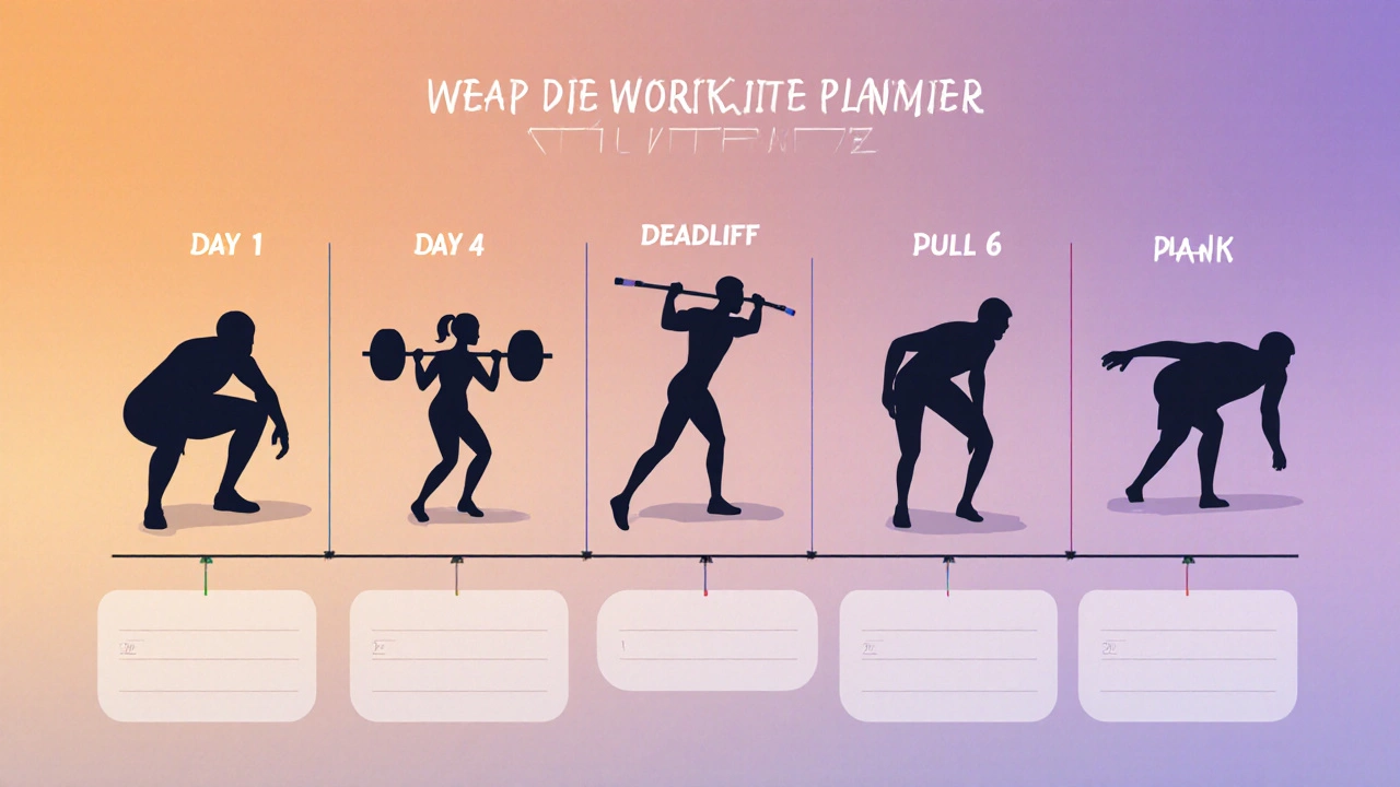 Weekly timeline of minimalist workout silhouettes for each training day.