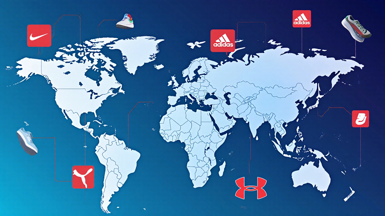 World map with brand silhouettes sized to show market share of top sports companies.