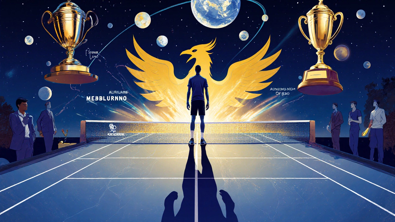 Alcaraz at the center of a cosmic tennis court with floating Grand Slam trophies orbiting around him in a symbolic journey.