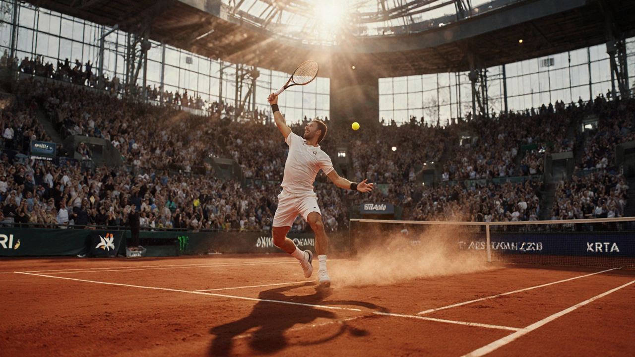 Alcaraz serves at the 2026 Australian Open, dawn light illuminating the court as the crowd watches from behind glass.