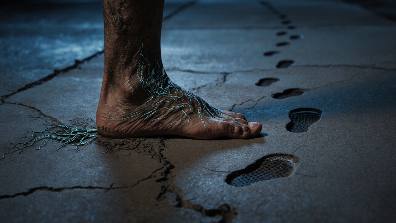 Bare foot stepping on concrete, transitioning into minimalist shoe sole patterns.