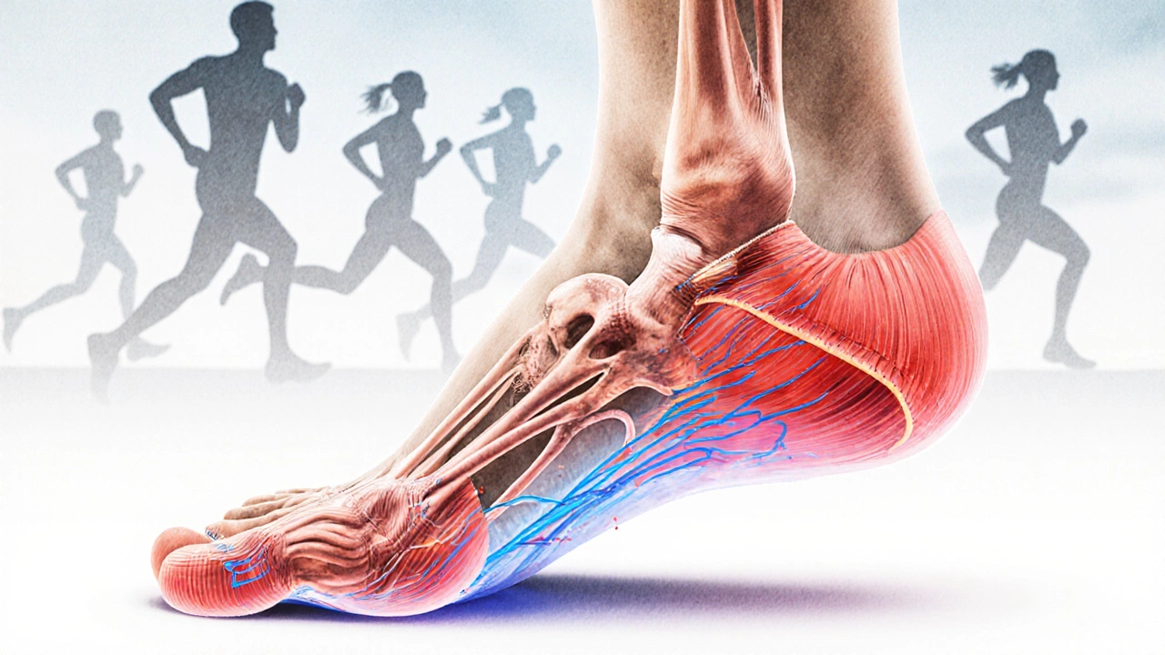 Cross-section of foot showing impact differences between heel-strike and forefoot-strike.