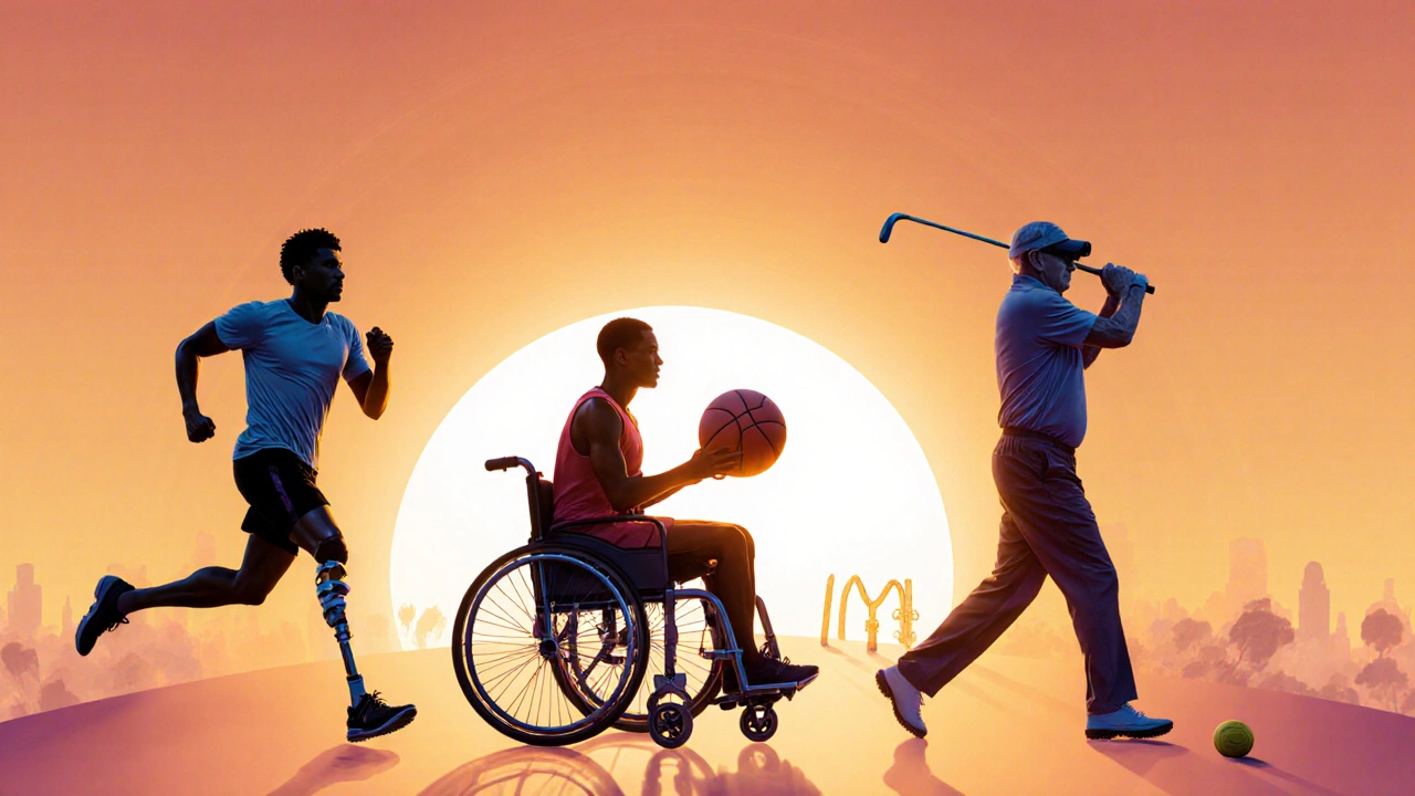 Diverse athletes using adaptive sports equipment together at sunrise.