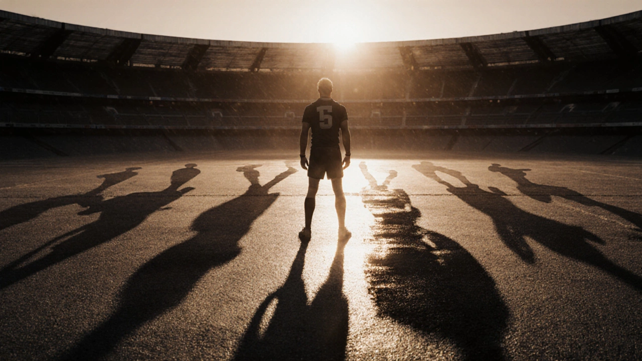 Fullback&#039;s shadow morphs into all rugby positions, symbolizing the unity of &#039;rugger&#039;.