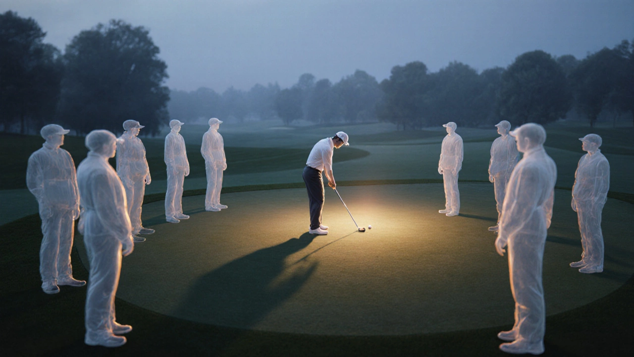 Ghostly silhouettes of observers glow softly around a golfer, symbolizing the silent, reverent gallery of golf.