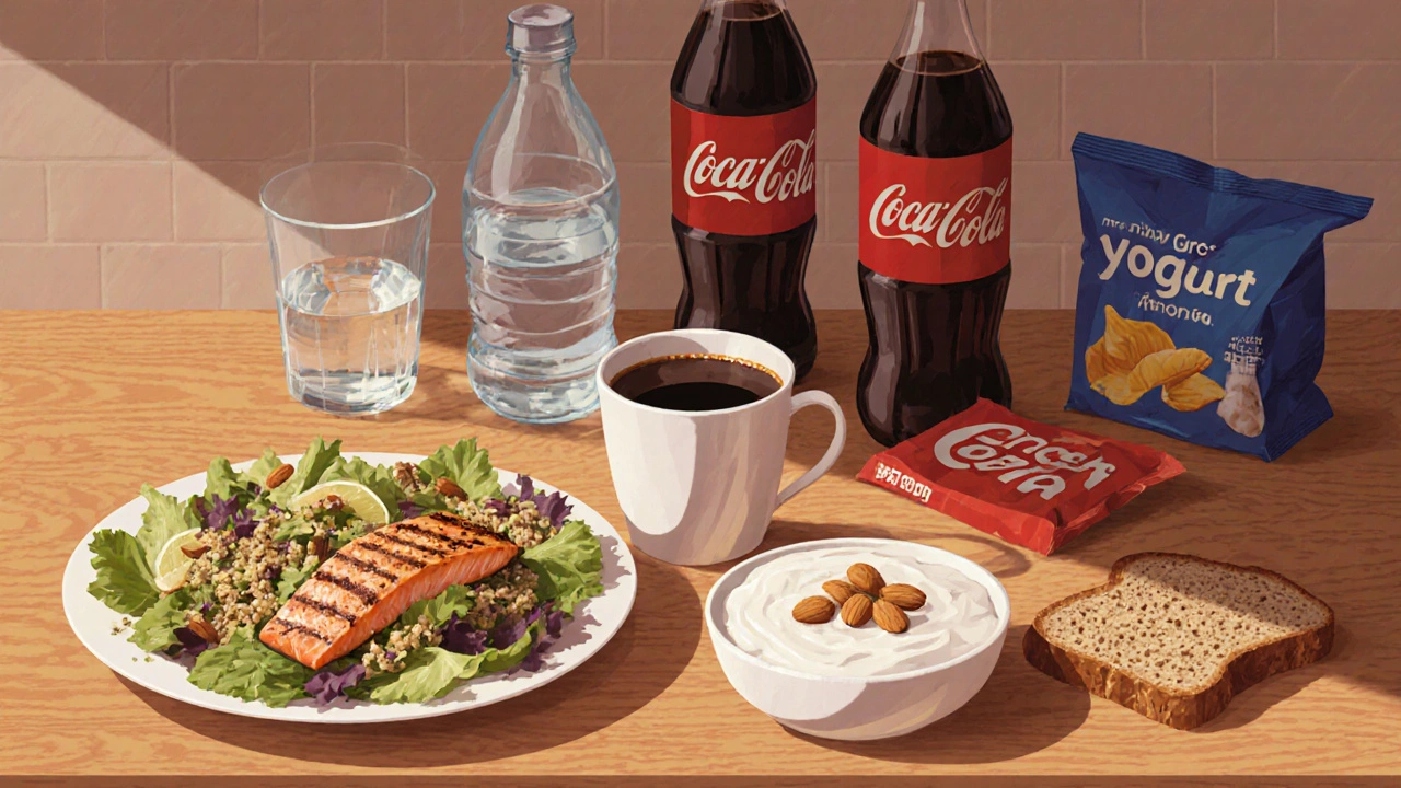 Healthy meals on a counter: grilled chicken salad, salmon, yogurt, and almonds with water and coffee.