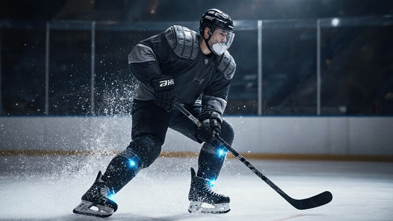 Hockey player in protective gear mid-check with subtle data points glowing near joints.