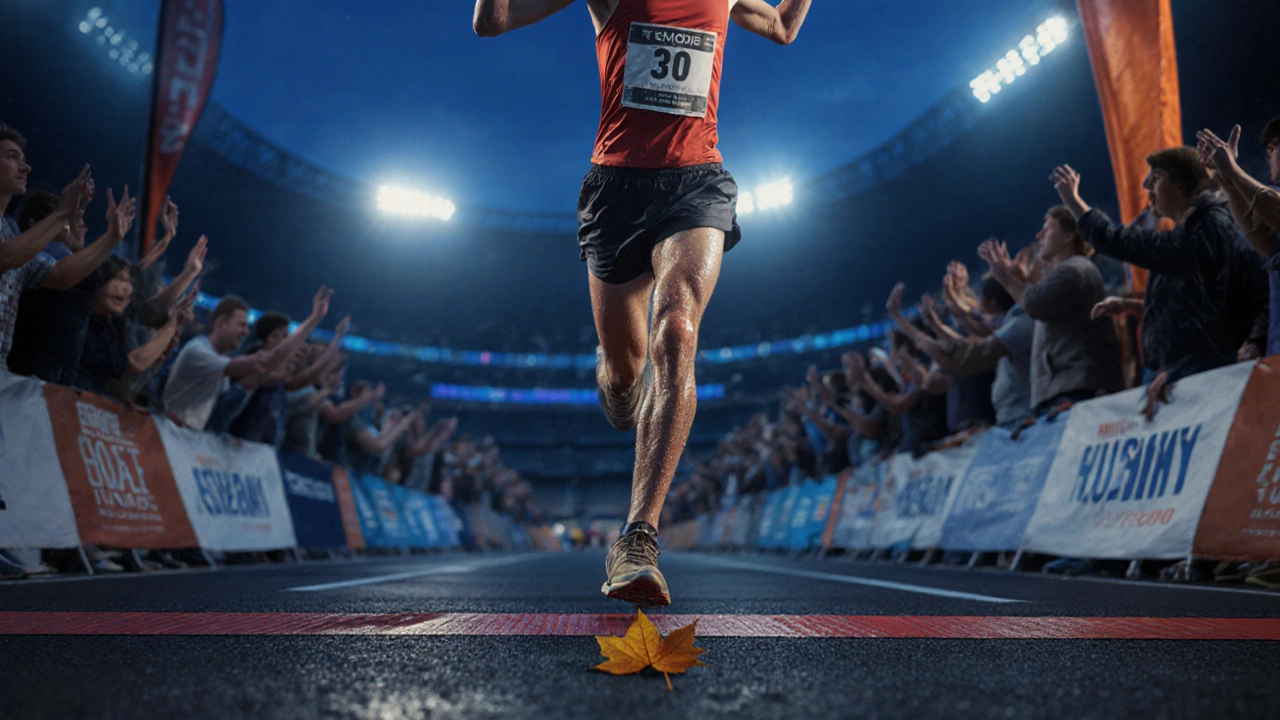 Runner crossing marathon finish line under twilight lights with worn shoes.