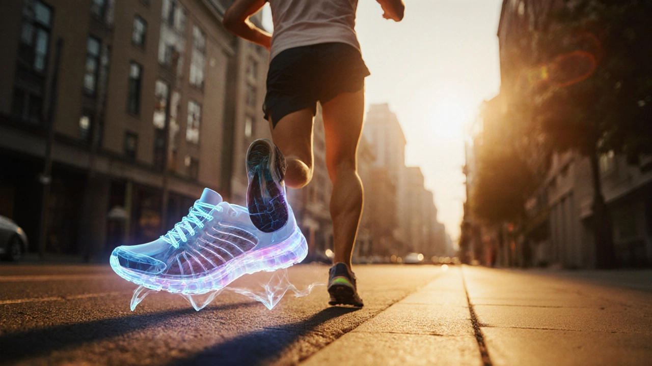 Runner with visible joint strain, transparent view of collapsed shoe cushioning