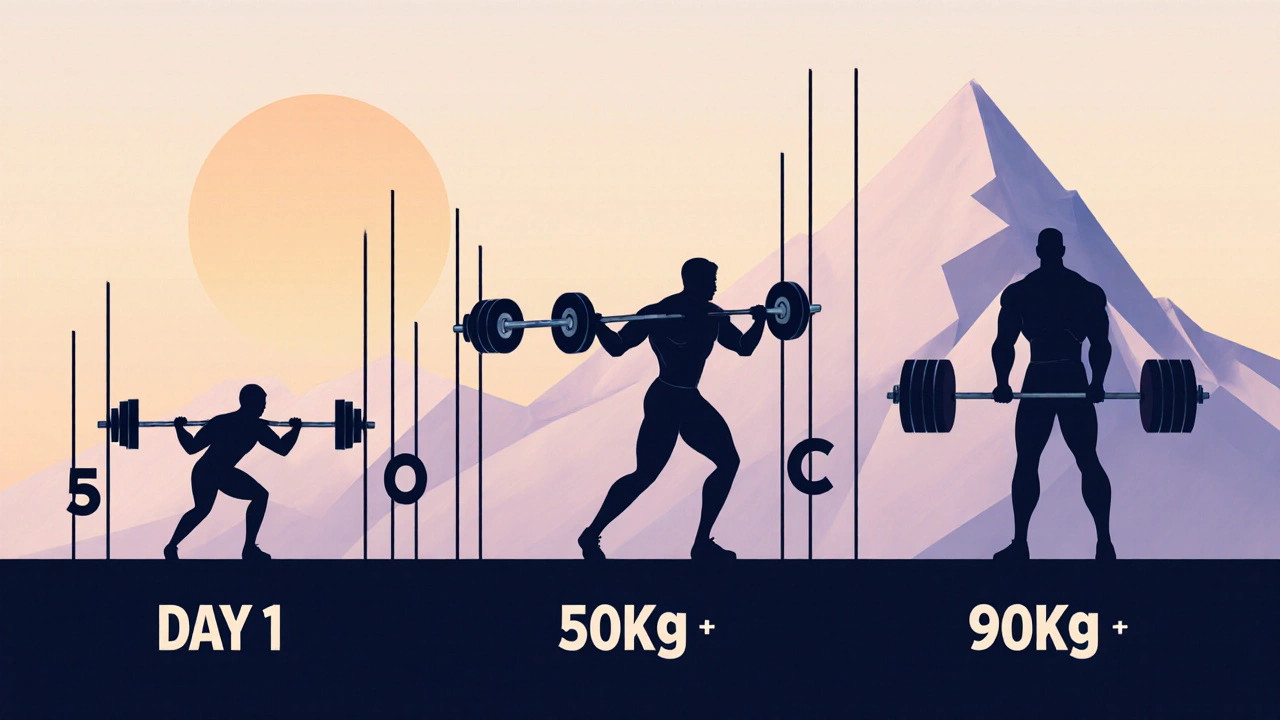 Silhouetted figures progressing from weak to strong, symbolizing 12 weeks of 5x5 strength gains.
