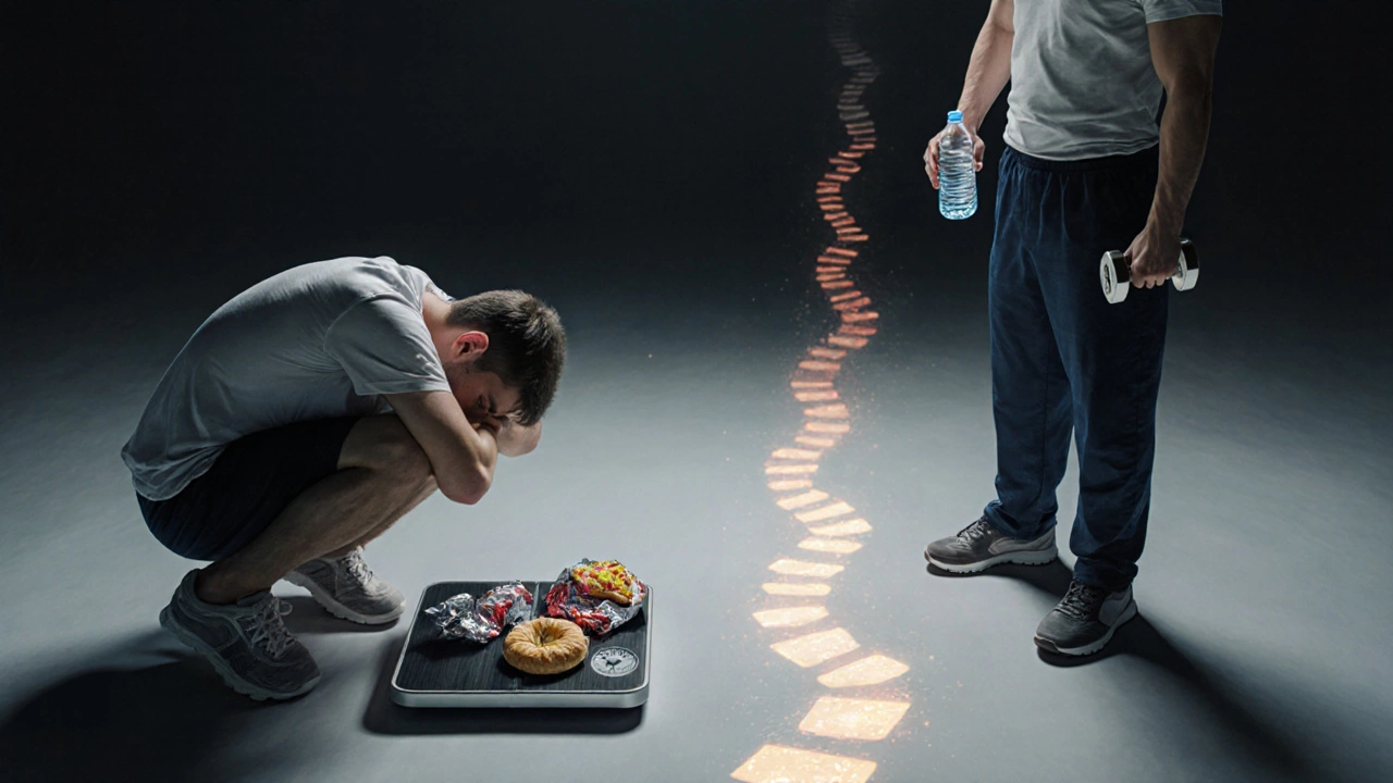 Split figure: one side weak with junk food, other side strong with weights, path from chaos to clarity.