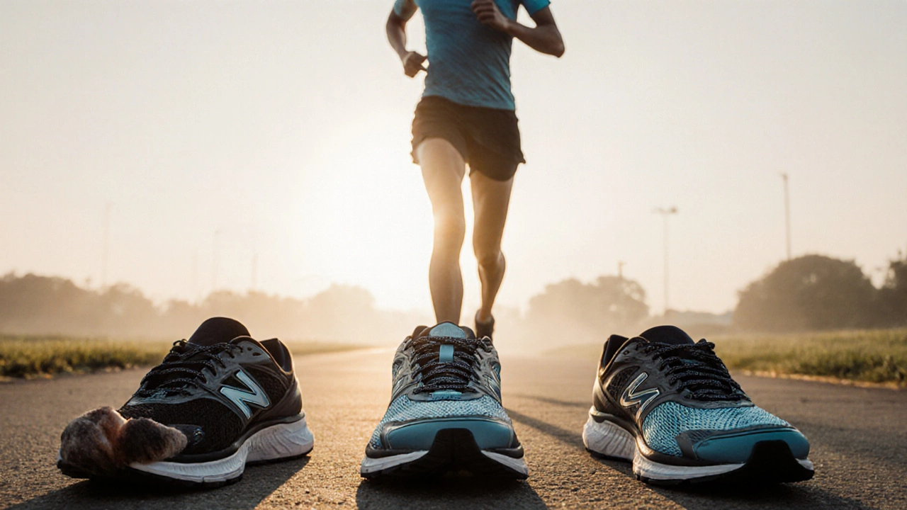Three running shoes compared: too tight, correctly sized, too loose with runner in background